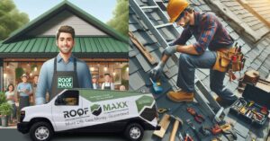 Roof Maxx repairing work and van standing outside
